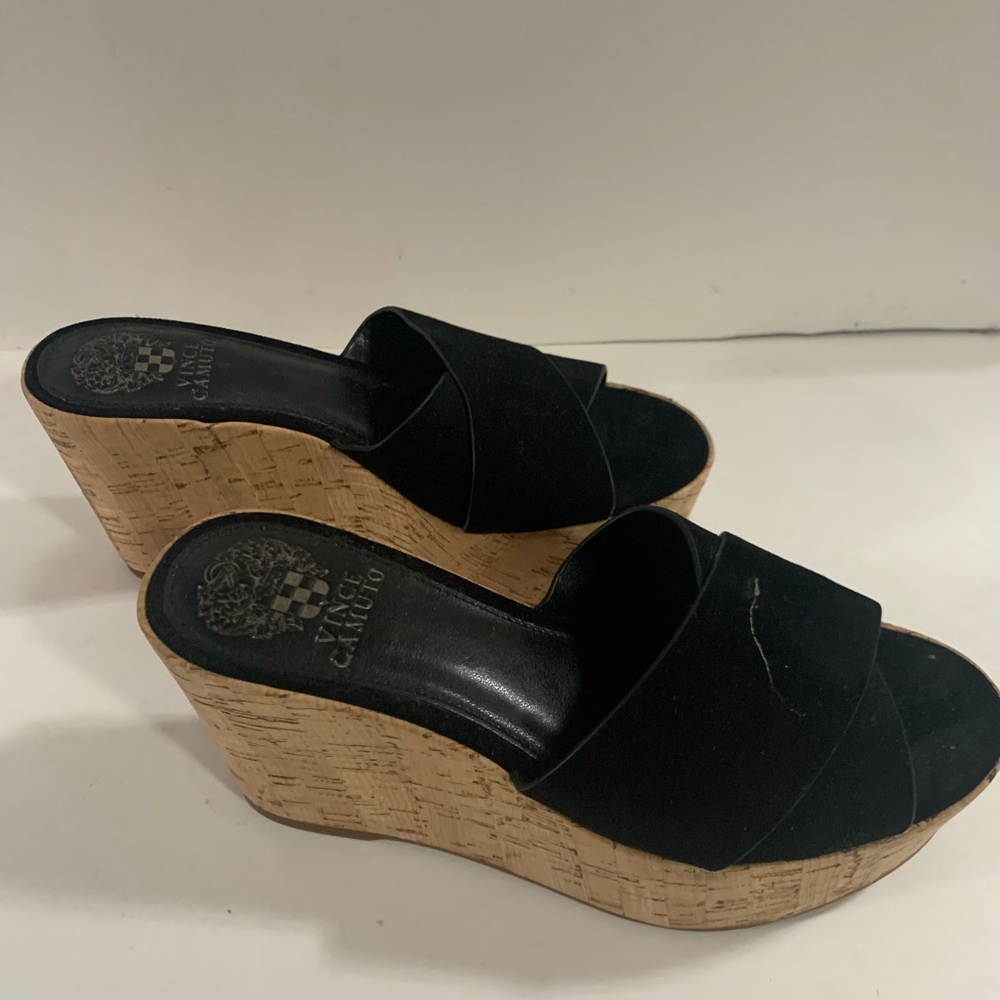 NWOT Vince Camuto Black Suede on Cork Wedge Sandals, 6.5